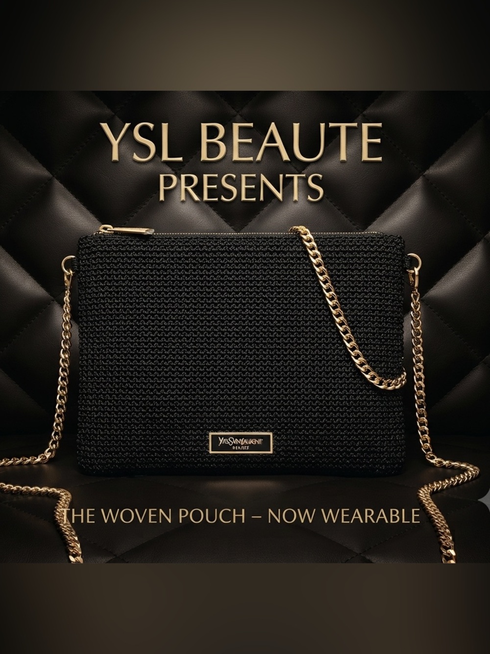 Yves Saint Laurent Beaute Black Woven Crossbody with Gold Chain attachment